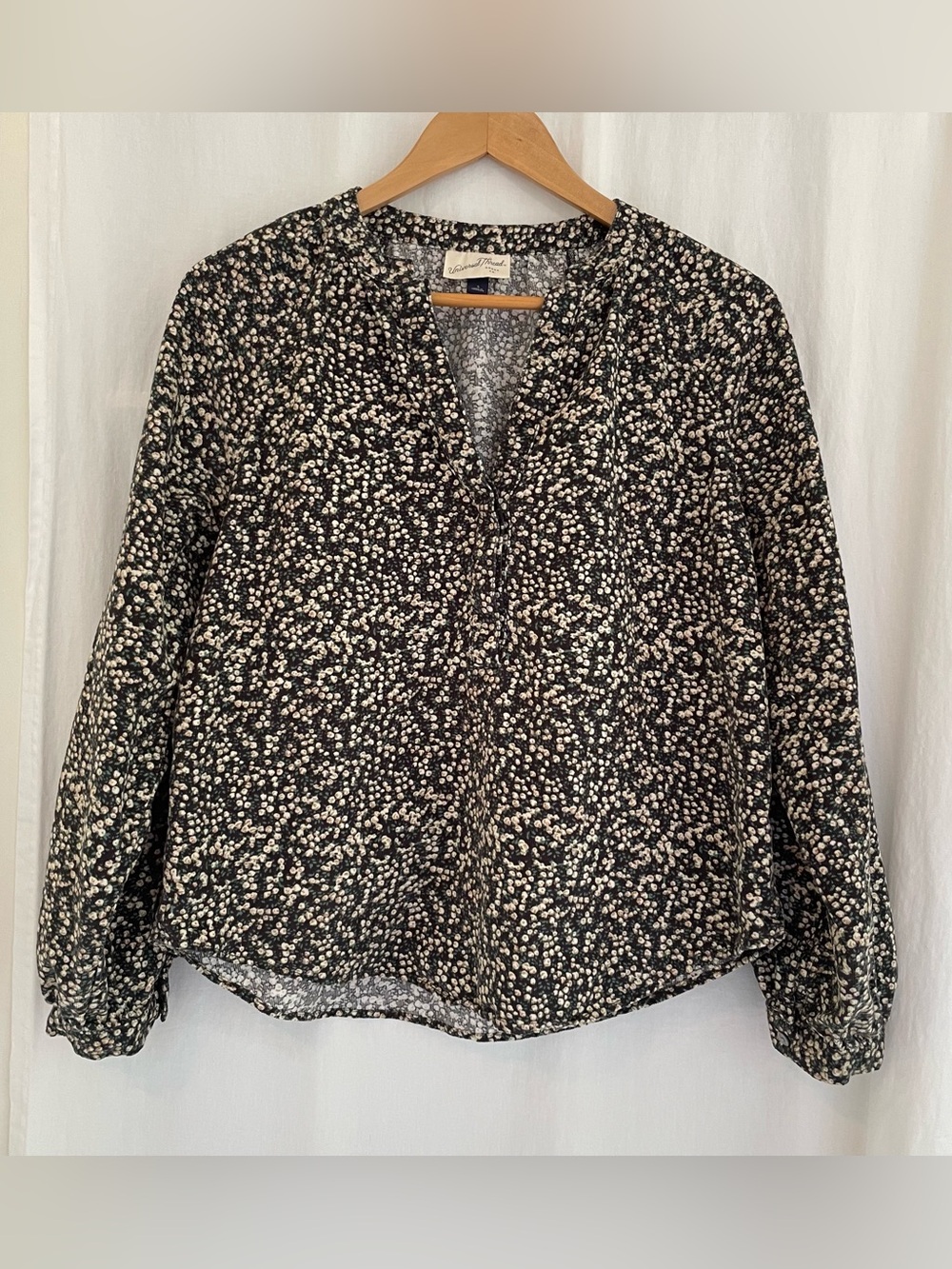 Green Floral Long Sleeve Top with Cream and Black